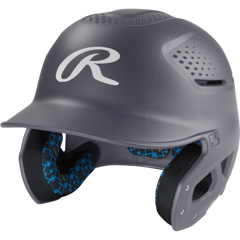 The Rawlings RX2 Matte Batting Helmet: RX2MAT features a graphite finish, protective face flap, ventilation holes, white R logo on the front, and black and blue geometric interior padding—perfect for young players.