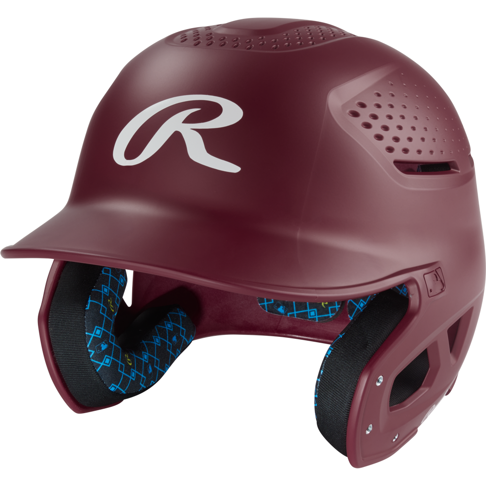 The Rawlings RX2 Matte Batting Helmet (Maroon) features a white R logo, ventilation holes, and black-and-blue padded lining—perfect as a youth batting helmet.