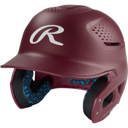 The Rawlings RX2 Matte Batting Helmet (Maroon) features a white R logo, ventilation holes, and black-and-blue padded lining—perfect as a youth batting helmet.