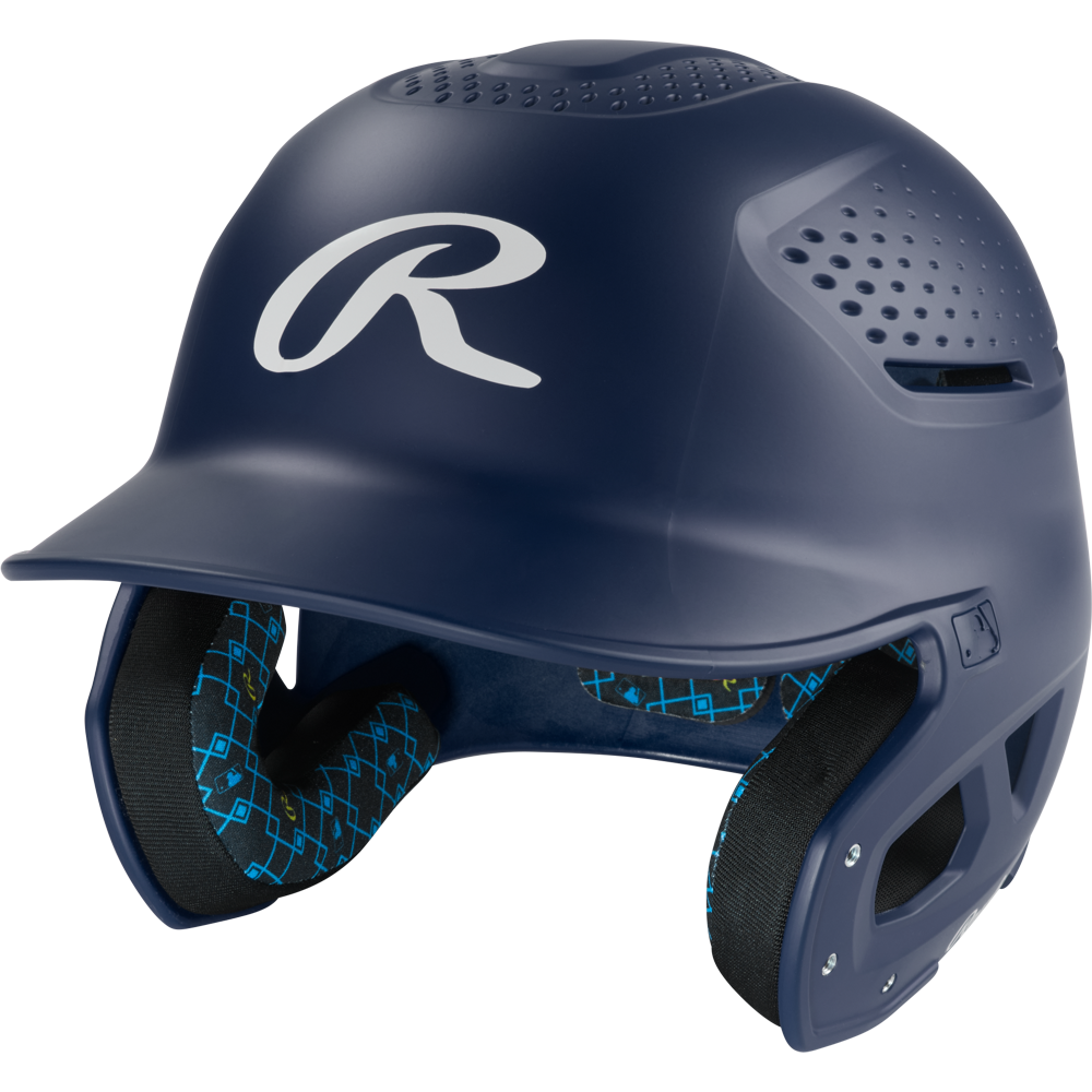 The Rawlings RX2 Matte Batting Helmet: RX2MAT in Navy features a protective face guard, ventilation holes, and patterned inner padding—ideal for youth players seeking comfort and safety at the plate.