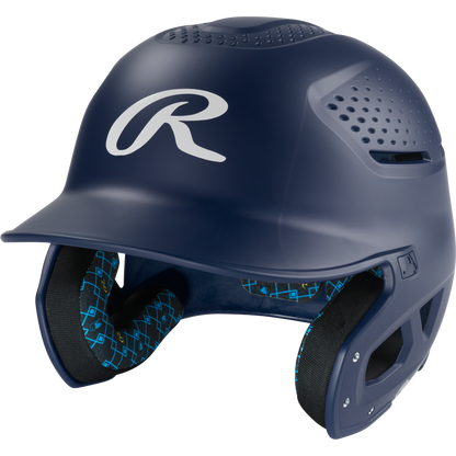 The Rawlings RX2 Matte Batting Helmet: RX2MAT in Navy features a protective face guard, ventilation holes, and patterned inner padding—ideal for youth players seeking comfort and safety at the plate.