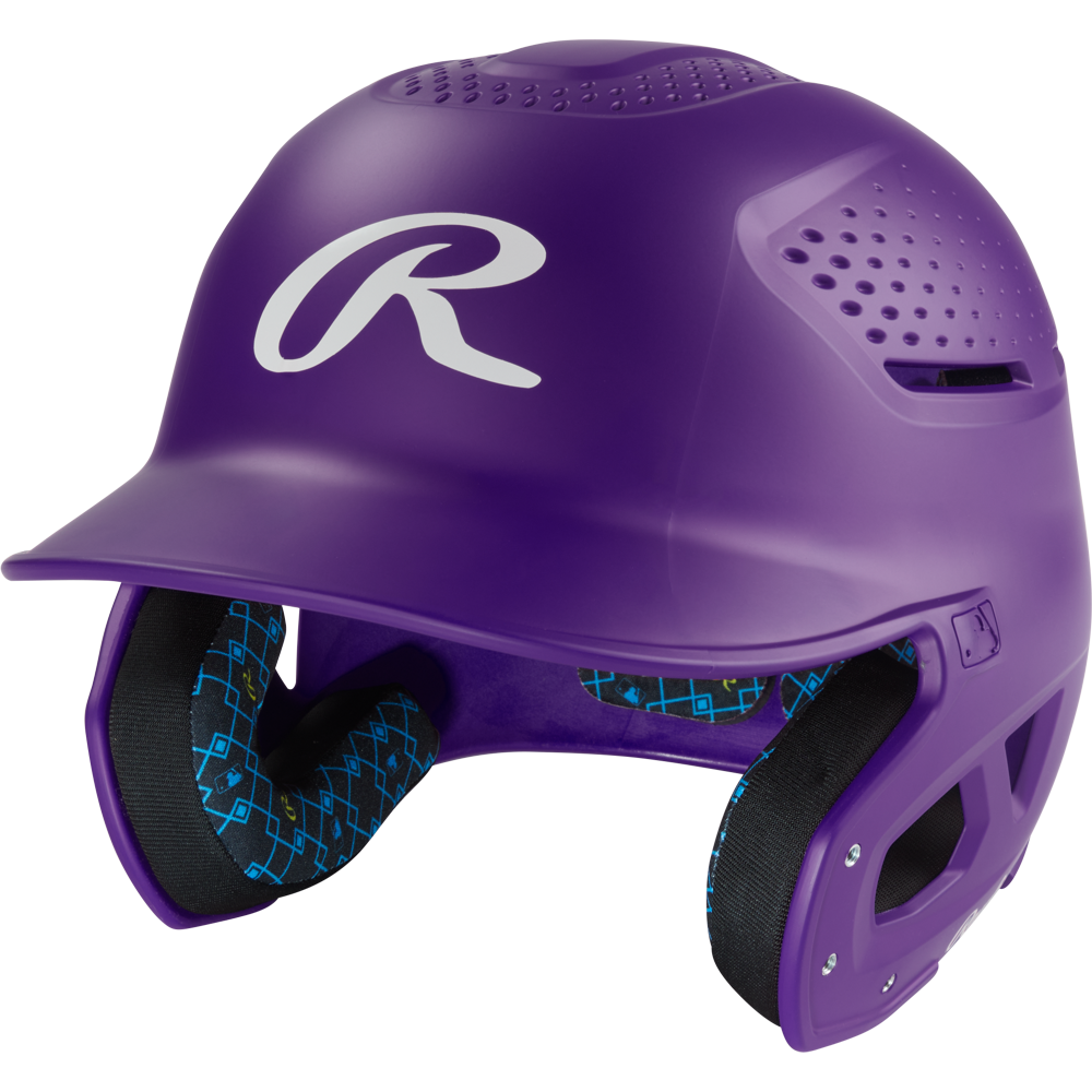 The Rawlings RX2 Matte Batting Helmet (Purple) features dual ear protection, a white front R logo, and black and blue padded lining—ideal for youth players seeking comfort and safety at the plate.