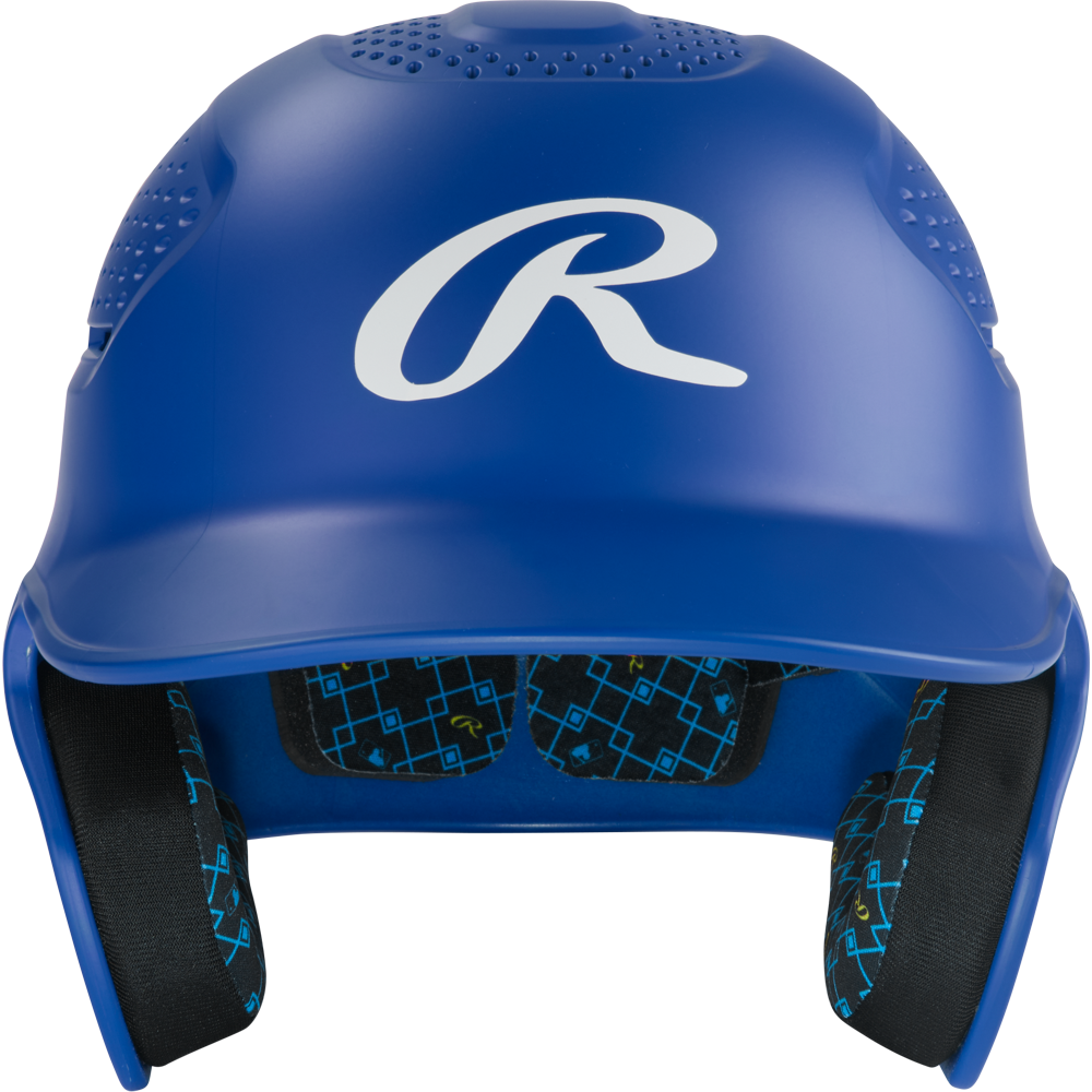 The Rawlings RX2 Matte Batting Helmet (RX2MAT) is a youth helmet in blue with ear protection, black/blue interior padding for comfort and safety, and a white R logo on the front.