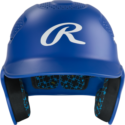 The Rawlings RX2 Matte Batting Helmet (RX2MAT) is a youth helmet in blue with ear protection, black/blue interior padding for comfort and safety, and a white R logo on the front.