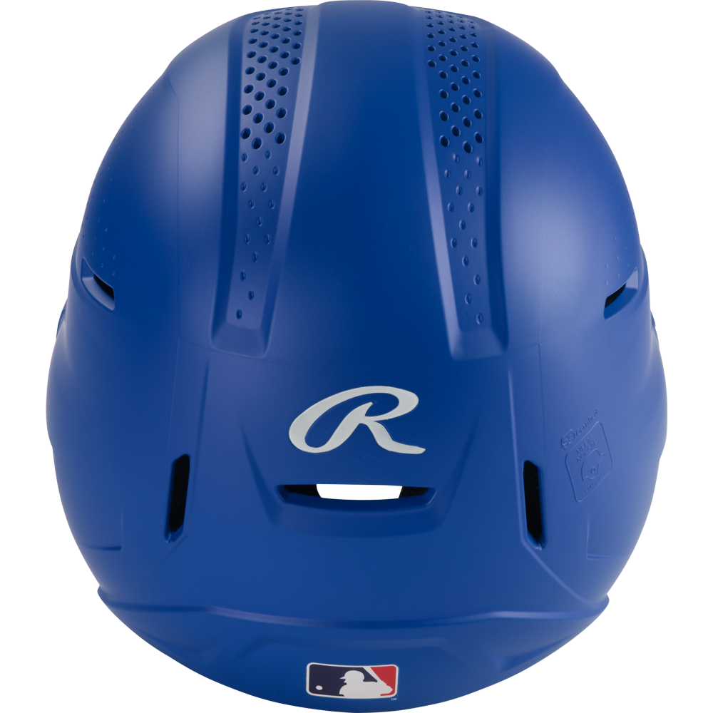 A blue Rawlings RX2 Matte Batting Helmet (RX2MAT) seen from above, featuring ventilation holes, a silver Rawlings R logo, and a small MLB logo sticker near the bottom.