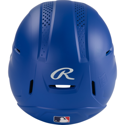 A blue Rawlings RX2 Matte Batting Helmet (RX2MAT) seen from above, featuring ventilation holes, a silver Rawlings R logo, and a small MLB logo sticker near the bottom.