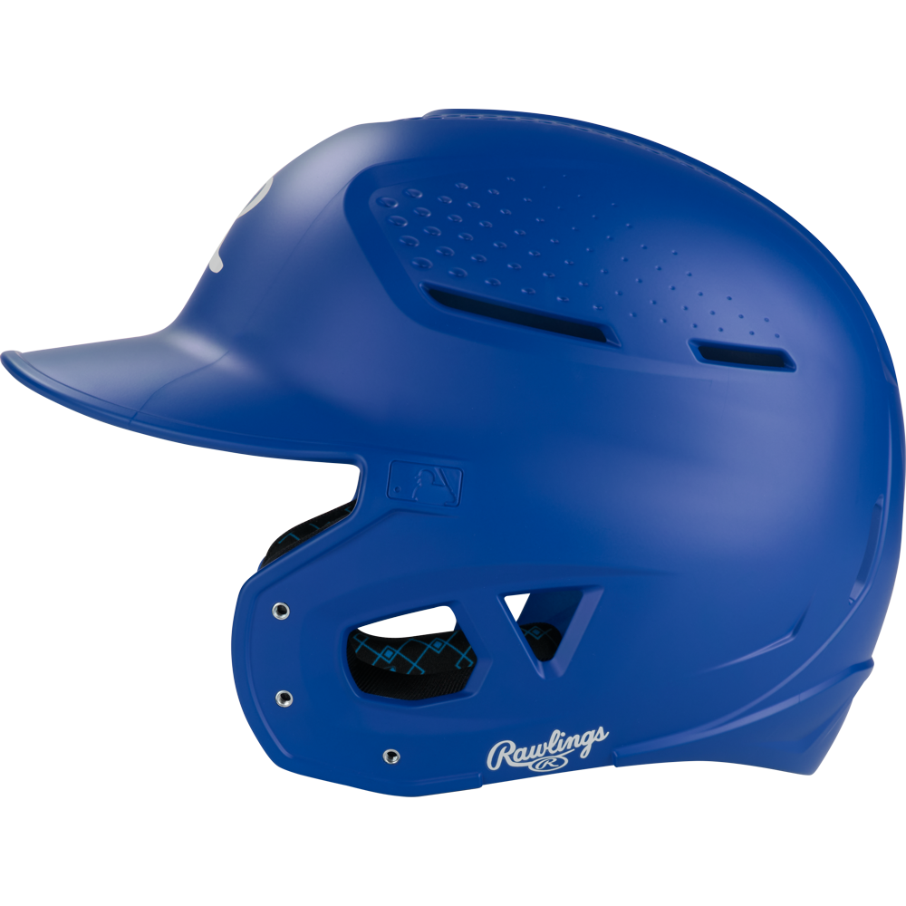 The Rawlings RX2 Matte Batting Helmet (RX2MAT) is shown in blue with vented holes, a faceguard, and the Rawlings logo near the ear—viewed from the side on a white background. Ideal as a youth batting helmet.