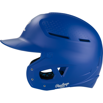The Rawlings RX2 Matte Batting Helmet (RX2MAT) is shown in blue with vented holes, a faceguard, and the Rawlings logo near the ear—viewed from the side on a white background. Ideal as a youth batting helmet.