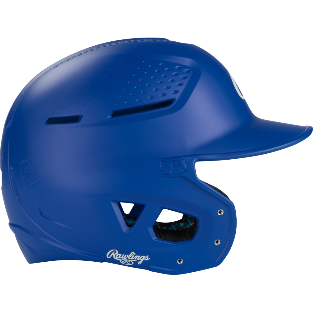 A blue Rawlings RX2 Matte Batting Helmet (RX2MAT) with ear and jaw guards, top ventilation holes, and the Rawlings logo near the jaw is displayed on a plain white background.