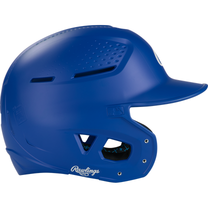 A blue Rawlings RX2 Matte Batting Helmet (RX2MAT) with ear and jaw guards, top ventilation holes, and the Rawlings logo near the jaw is displayed on a plain white background.