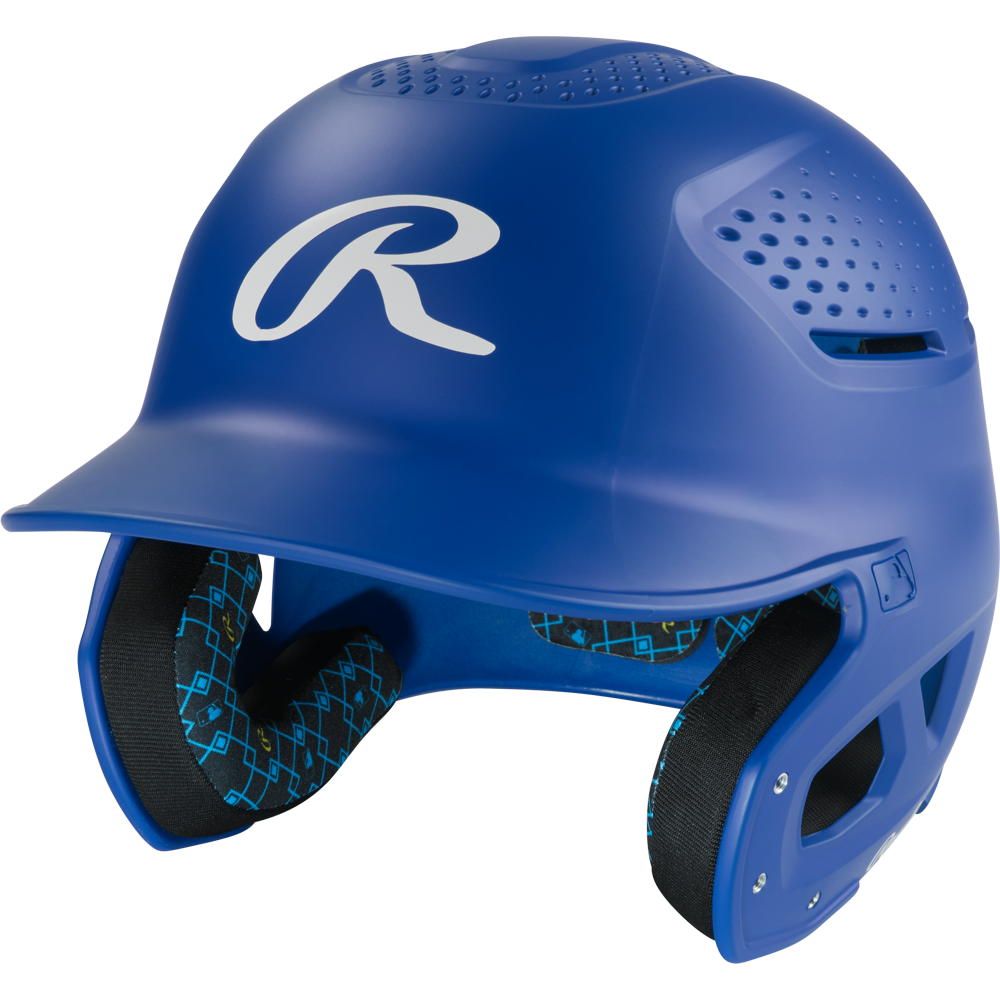 The Rawlings RX2 Matte Batting Helmet: RX2MAT in royal features ventilation holes, extended ear protection, and a padded geometric-pattern lining—ideal for youth comfort and safety.