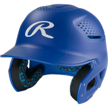The Rawlings RX2 Matte Batting Helmet: RX2MAT in royal features ventilation holes, extended ear protection, and a padded geometric-pattern lining—ideal for youth comfort and safety.