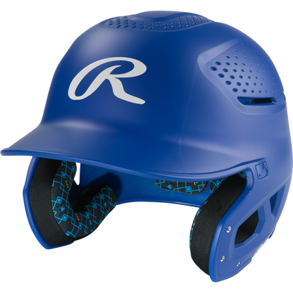 The Rawlings RX2 Matte Batting Helmet: RX2MAT in royal features ventilation holes, extended ear protection, and a padded geometric-pattern lining—ideal for youth comfort and safety.