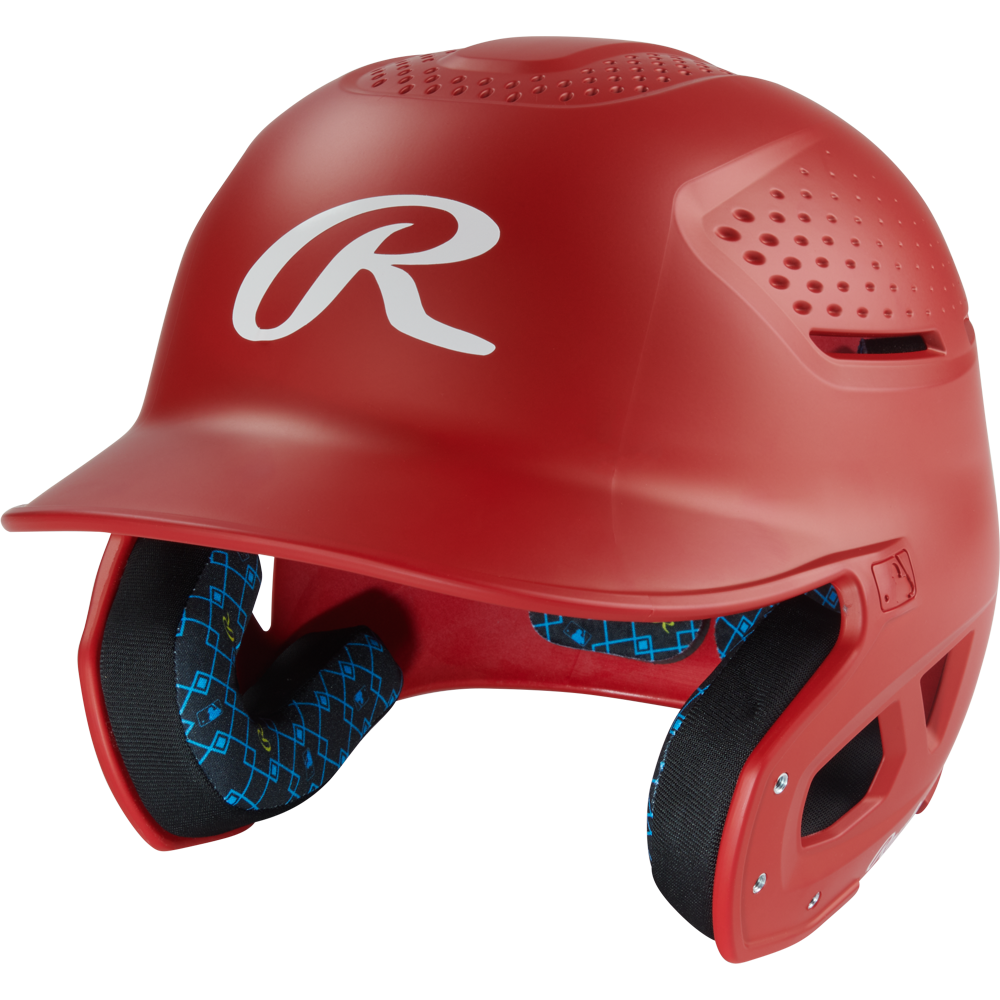 A scarlet Rawlings RX2 Matte Batting Helmet (RX2MAT), a youth helmet with protective face guards and blue padded ear coverings, is shown against a white background.