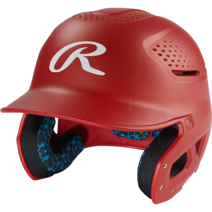A scarlet Rawlings RX2 Matte Batting Helmet (RX2MAT), a youth helmet with protective face guards and blue padded ear coverings, is shown against a white background.