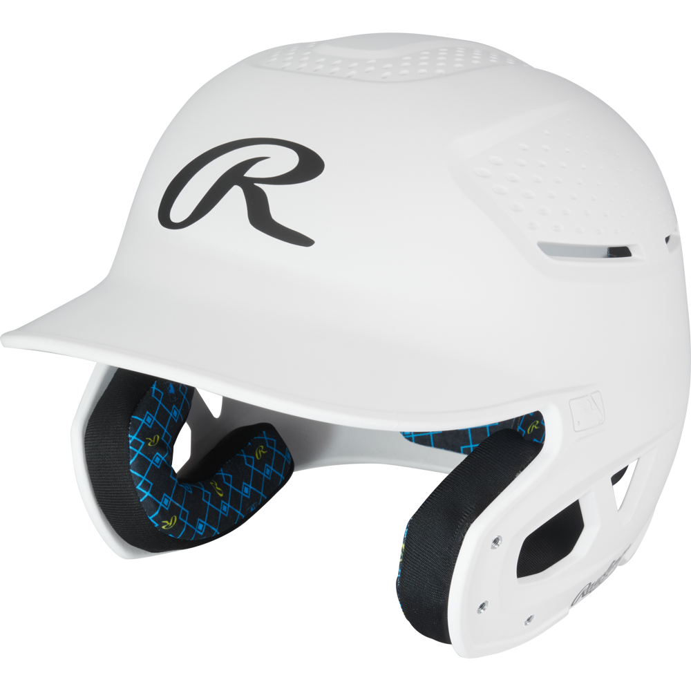 The Rawlings RX2 Matte Batting Helmet: RX2MAT in white features ventilation holes, black interior padding with a blue and yellow pattern, and a bold black R logo on the front—ideal for youth players.