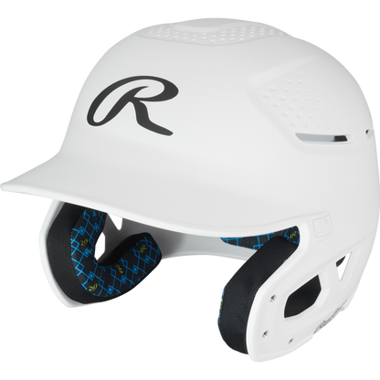 The Rawlings RX2 Matte Batting Helmet: RX2MAT in white features ventilation holes, black interior padding with a blue and yellow pattern, and a bold black R logo on the front—ideal for youth players.