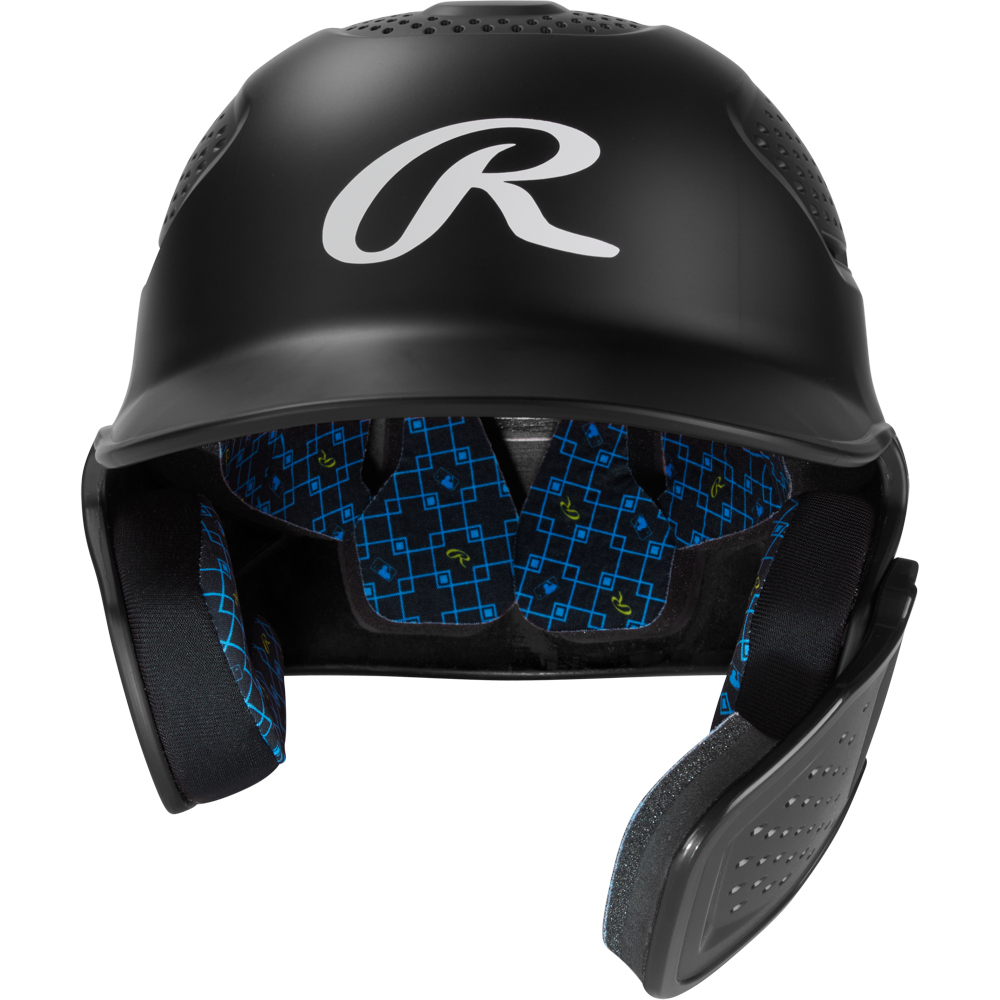 A black Rawlings RX2 Reverse Matte Batting Helmet (RX2REVMAT) with blue patterned interior padding, ear protection, and NOCSAE-certified safety, shown from the front against a white background.