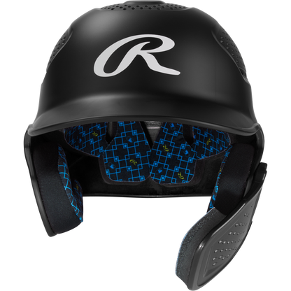 A black Rawlings RX2 Reverse Matte Batting Helmet (RX2REVMAT) with blue patterned interior padding, ear protection, and NOCSAE-certified safety, shown from the front against a white background.