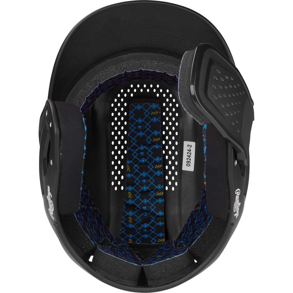 Top-down view of the Rawlings RX2 Reverse Matte Batting Helmet (RX2REVMAT) featuring padded ear protectors, a reversible flap system, blue and yellow lining, and a white sticker with numbers for NOCSAE-certified protection.