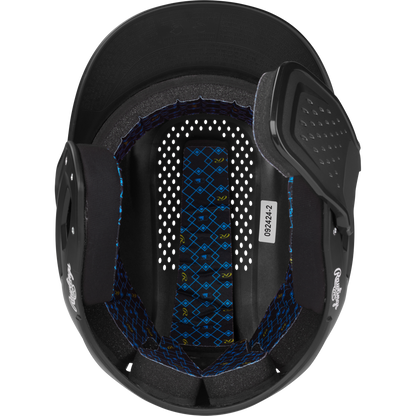 Top-down view of the Rawlings RX2 Reverse Matte Batting Helmet (RX2REVMAT) featuring padded ear protectors, a reversible flap system, blue and yellow lining, and a white sticker with numbers for NOCSAE-certified protection.