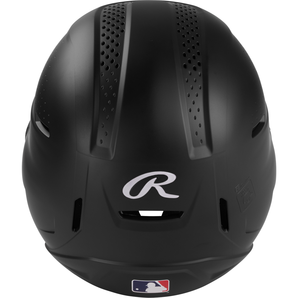 A black Rawlings RX2 Reverse Matte Batting Helmet (RX2REVMAT) is shown from the front, displaying the Rawlings logo, top ventilation holes, and MLB logo at the bottom center. It offers NOCSAE-certified protection for safety.