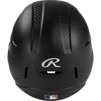 A black Rawlings RX2 Reverse Matte Batting Helmet (RX2REVMAT) is shown from the front, displaying the Rawlings logo, top ventilation holes, and MLB logo at the bottom center. It offers NOCSAE-certified protection for safety.