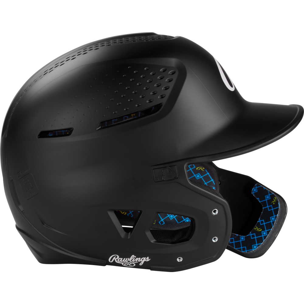 The Rawlings RX2 Reverse Matte Batting Helmet (RX2REVMAT) offers NOCSAE-certified protection, a reversible flap system for versatility, and a sleek matte black finish with blue accents.