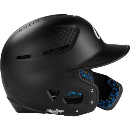 The Rawlings RX2 Reverse Matte Batting Helmet (RX2REVMAT) offers NOCSAE-certified protection, a reversible flap system for versatility, and a sleek matte black finish with blue accents.