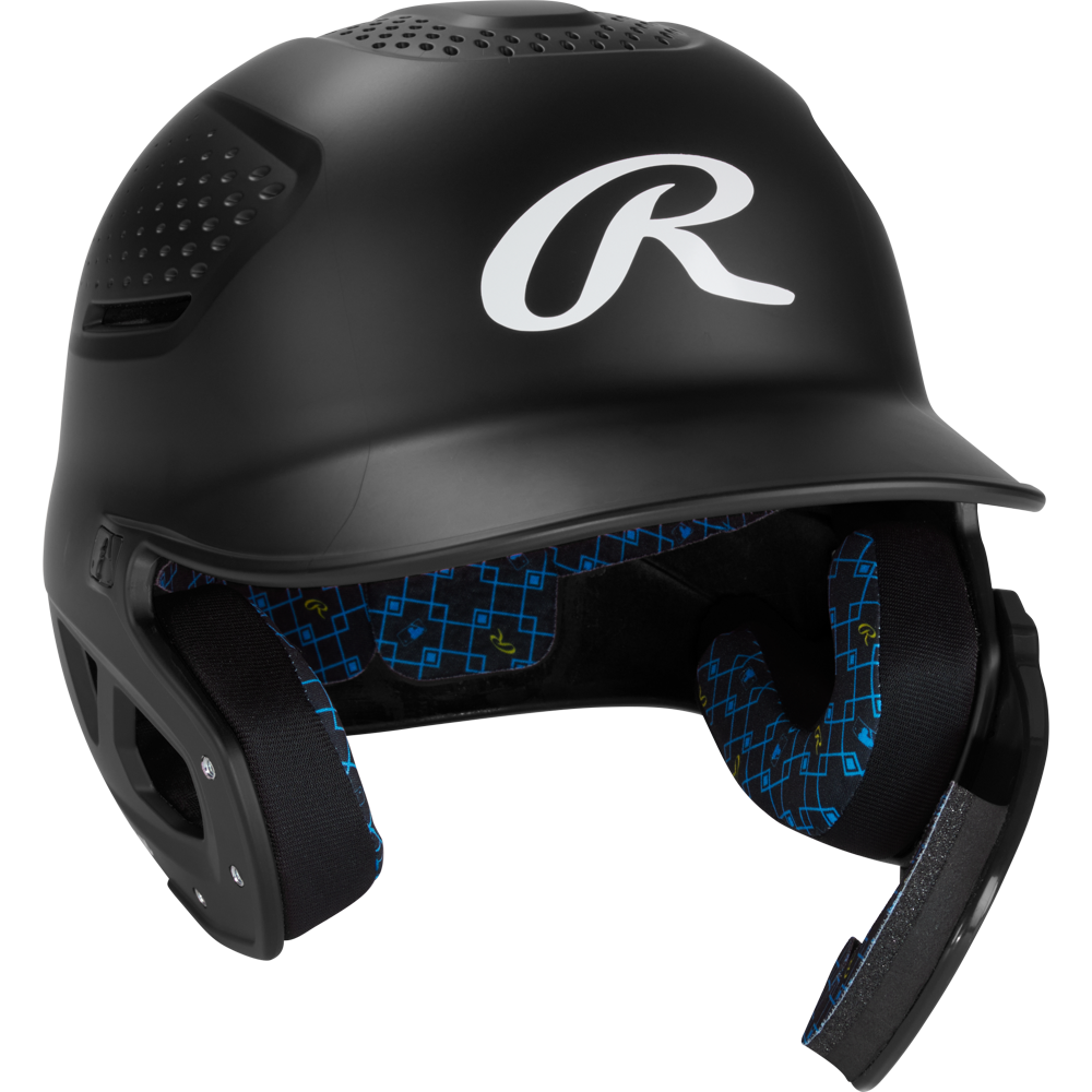 The Rawlings RX2 Reverse Matte Batting Helmet (RX2REVMAT) features a matte black finish, blue padded interior, NOCSAE-certified protection, top and side ventilation holes, and a white R logo on the front.