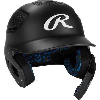 The Rawlings RX2 Reverse Matte Batting Helmet (RX2REVMAT) features a matte black finish, blue padded interior, NOCSAE-certified protection, top and side ventilation holes, and a white R logo on the front.