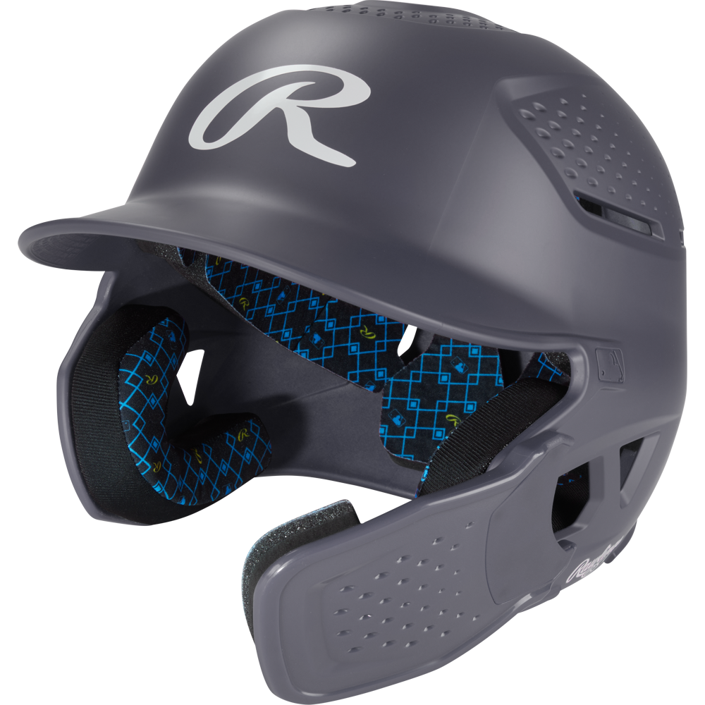 The Rawlings RX2 Reverse Matte Batting Helmet: RX2REVMAT features a graphite finish, padded blue and black interior, NOCSAE certification, extended ear coverage, ventilation holes, reversible flap system, and a large R logo on the front.