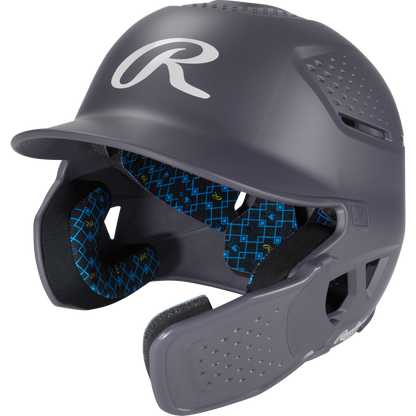 The Rawlings RX2 Reverse Matte Batting Helmet: RX2REVMAT features a graphite finish, padded blue and black interior, NOCSAE certification, extended ear coverage, ventilation holes, reversible flap system, and a large R logo on the front.