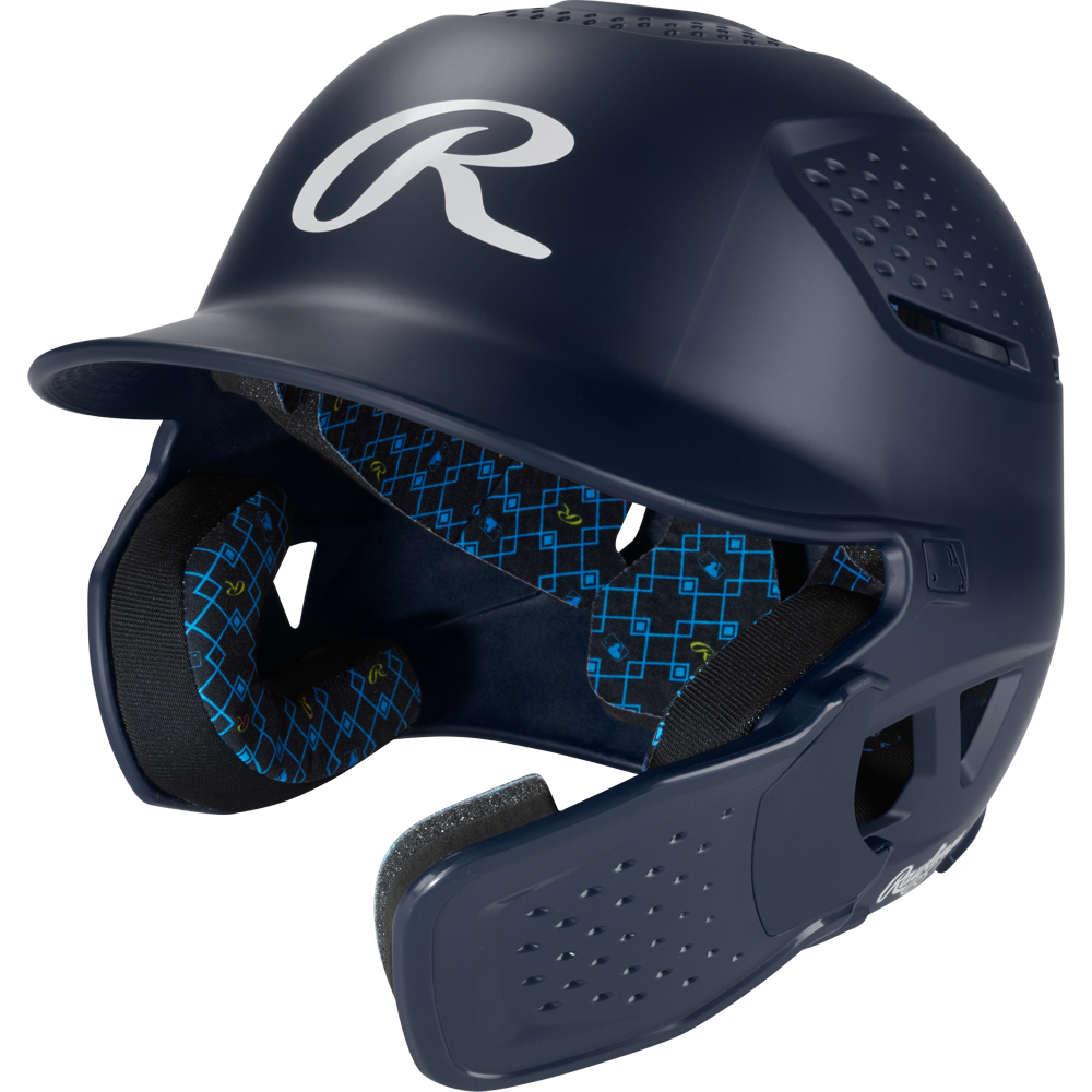 The Rawlings RX2 Reverse Matte Batting Helmet: RX2REVMAT in navy features a protective face guard, blue geometric padding, and a reversible flap system for comfort and NOCSAE-certified safety.