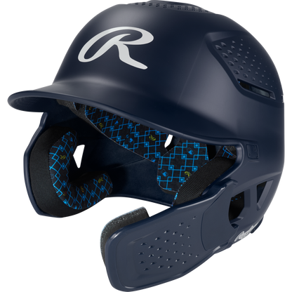 The Rawlings RX2 Reverse Matte Batting Helmet: RX2REVMAT in navy features a protective face guard, blue geometric padding, and a reversible flap system for comfort and NOCSAE-certified safety.