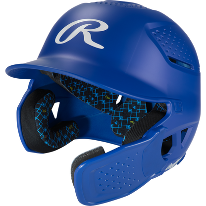 A Royal Rawlings RX2 Reverse Matte Batting Helmet with a protective face guard, black patterned interior padding, ventilation holes, reversible flap system, NOCSAE-certified protection, and a white R logo on the front.