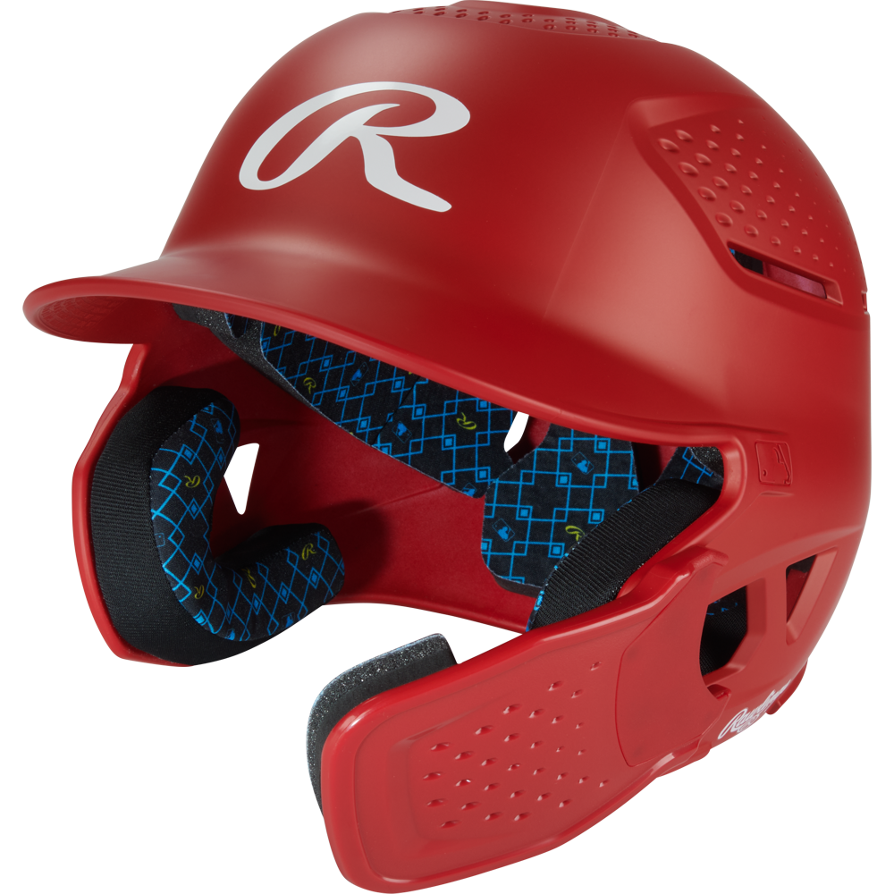 The Rawlings RX2 Reverse Matte Batting Helmet: RX2REVMAT in scarlet features a reversible flap system, protective face guard, blue patterned interior padding, ventilation holes, and offers NOCSAE-certified protection for every player.
