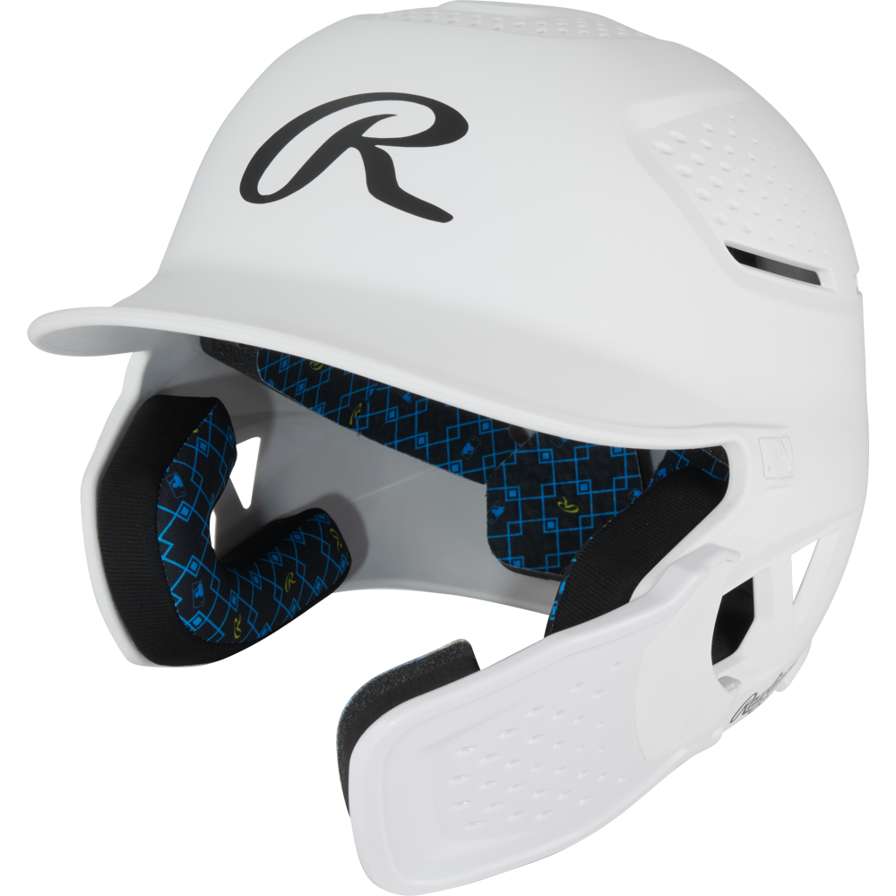 The Rawlings RX2 Reverse Matte Batting Helmet: RX2REVMAT is a white helmet with a black R logo, black and blue patterned inner padding, side vent holes, protective ear covers, and NOCSAE-certified protection.