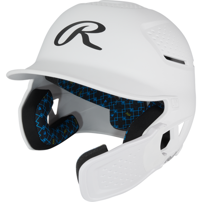 The Rawlings RX2 Reverse Matte Batting Helmet: RX2REVMAT is a white helmet with a black R logo, black and blue patterned inner padding, side vent holes, protective ear covers, and NOCSAE-certified protection.