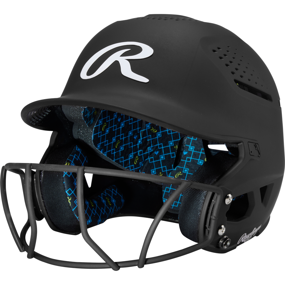 The Rawlings RX2 Matte Batting Helmet with Fastpitch Mask (RX2SBMAT) features a black matte finish and face guard—perfect for fastpitch batting. Blue-patterned padding and a prominent white R logo showcase classic Rawlings style.