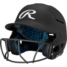 The Rawlings RX2 Matte Batting Helmet with Fastpitch Mask (RX2SBMAT) features a black matte finish and face guard—perfect for fastpitch batting. Blue-patterned padding and a prominent white R logo showcase classic Rawlings style.