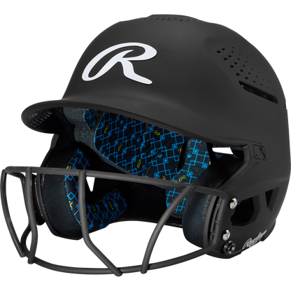 The Rawlings RX2 Matte Batting Helmet with Fastpitch Mask (RX2SBMAT) features a black matte finish and face guard—perfect for fastpitch batting. Blue-patterned padding and a prominent white R logo showcase classic Rawlings style.