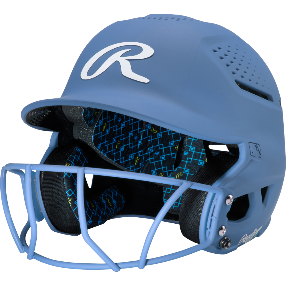 The Rawlings RX2 Matte Batting Helmet with Fastpitch Mask (RX2SBMAT) features a Columbia Blue matte finish, faceguard, patterned inner lining, ventilation holes, and a large white R logo—ideal for fastpitch softball.