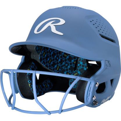 The Rawlings RX2 Matte Batting Helmet with Fastpitch Mask (RX2SBMAT) features a Columbia Blue matte finish, faceguard, patterned inner lining, ventilation holes, and a large white R logo—ideal for fastpitch softball.