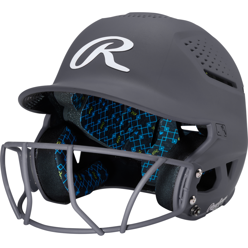The Rawlings RX2 Matte Batting Helmet with Fastpitch Mask (RX2SBMAT) features a graphite finish, softball face guard, blue geometric padding, ventilation holes, and a bold white R logo—ideal protection for fastpitch players.