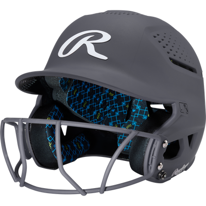 The Rawlings RX2 Matte Batting Helmet with Fastpitch Mask (RX2SBMAT) features a graphite finish, softball face guard, blue geometric padding, ventilation holes, and a bold white R logo—ideal protection for fastpitch players.