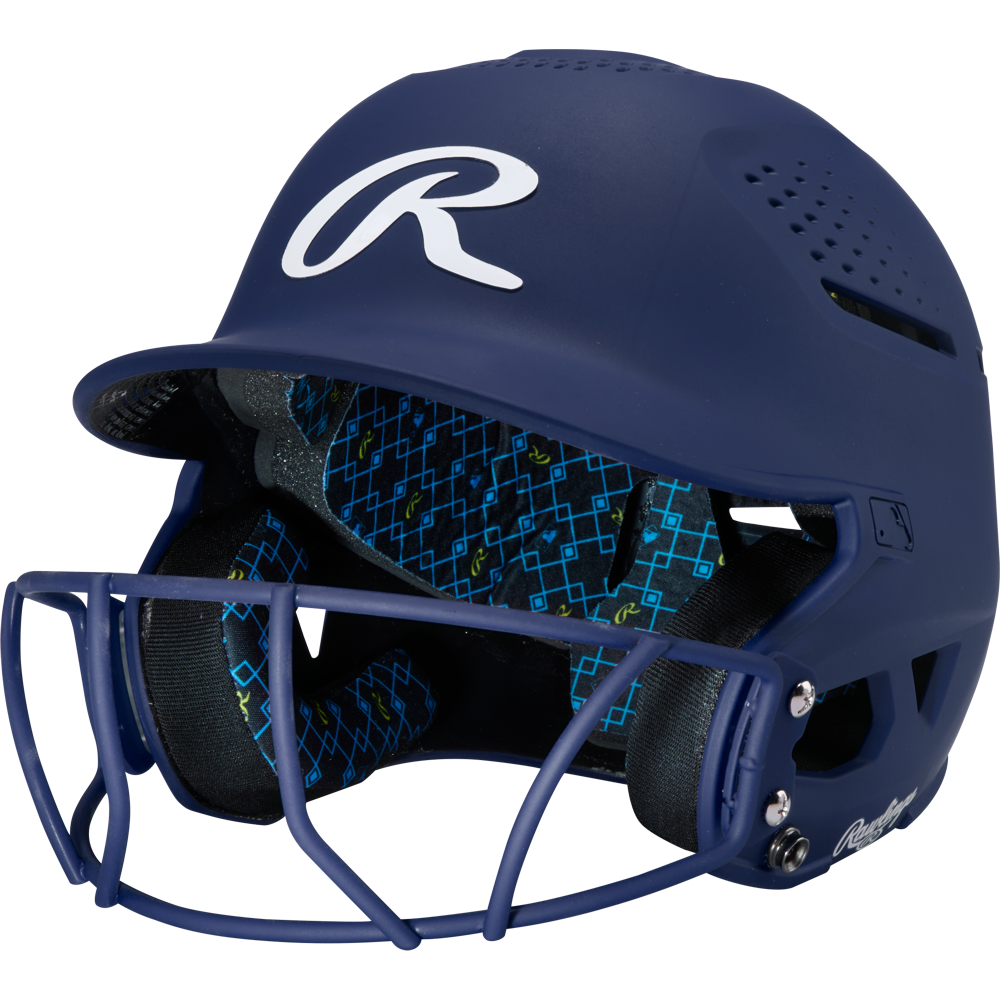 A navy Rawlings RX2 Matte Batting Helmet with Fastpitch Mask (RX2SBMAT) features black-and-blue geometric patterned padding inside.
