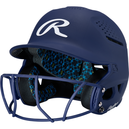 A navy Rawlings RX2 Matte Batting Helmet with Fastpitch Mask (RX2SBMAT) features black-and-blue geometric patterned padding inside.
