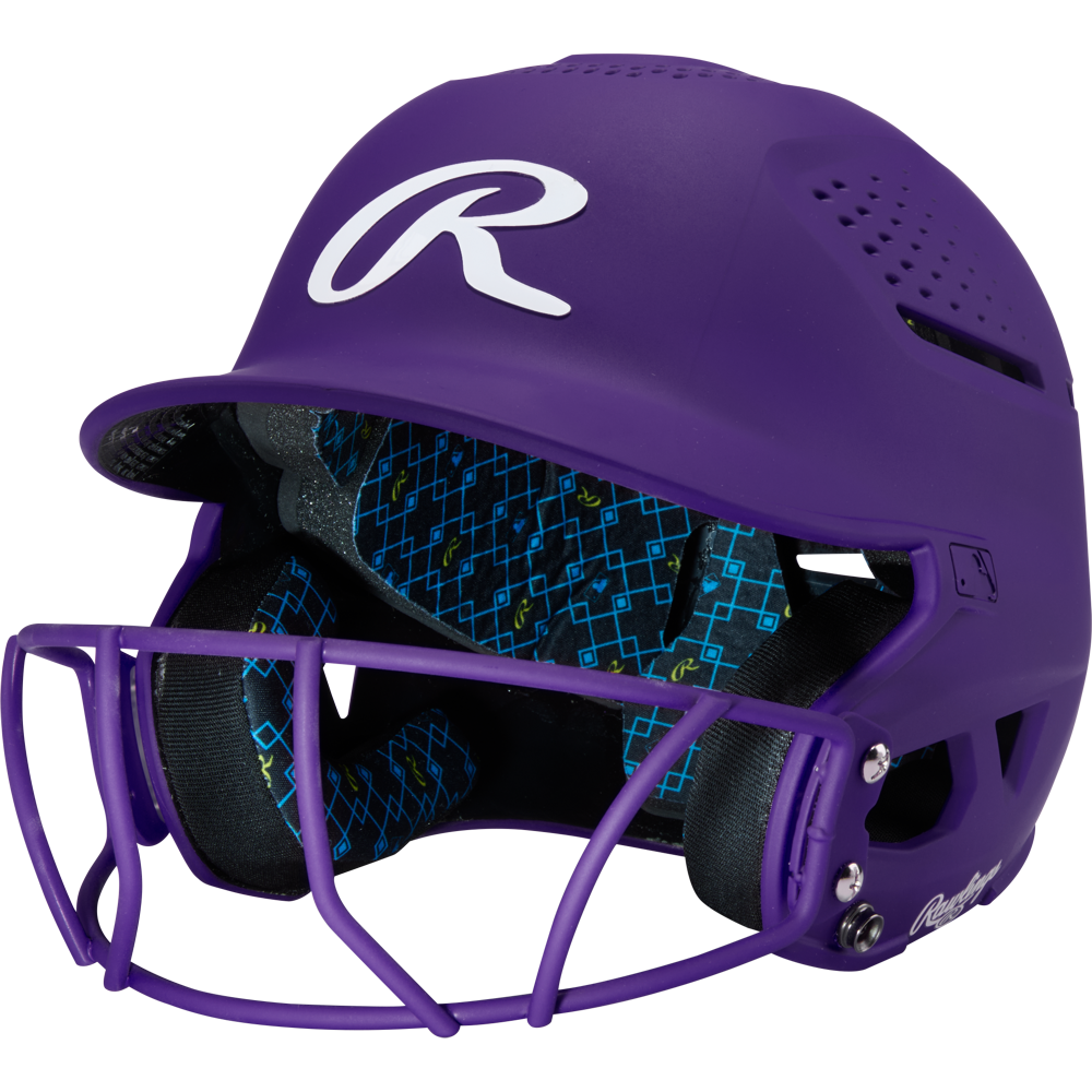 A purple Rawlings RX2 Matte Batting Helmet with Fastpitch Mask features ventilated sides and blue-and-black patterned interior padding.