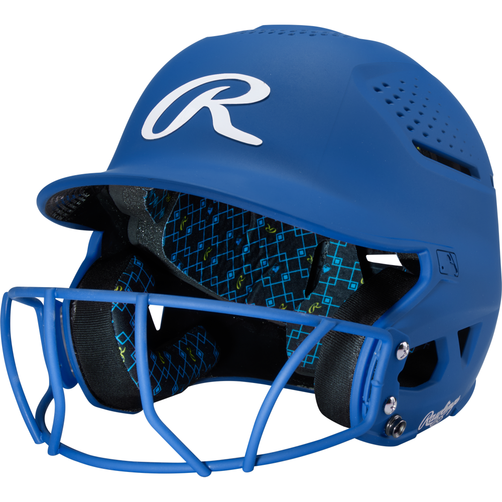 A royal Rawlings RX2 Matte Batting Helmet with Fastpitch Mask features ventilation holes, a white R logo on the front, and patterned interior padding.
